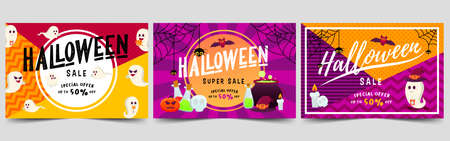 Set of Halloween Sale Promotion with Geometric Shape, Purple Rays Background and Halloween Ornament, Ghost's, Cute Flying Bat, Spider.のイラスト素材