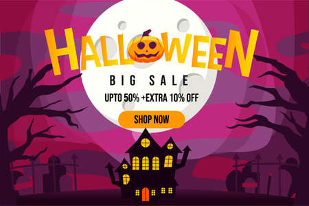 Halloween Big Sale Promotion Background with Castle and spooky forest on a full moon nightのイラスト素材