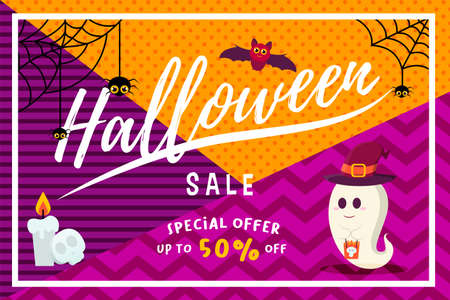 Halloween Sale Promotion Background with Geometric Pattern, Cute Ghost Carrying Halloween Paper Bag, Cute Spiders, Cute Flying Bats.のイラスト素材
