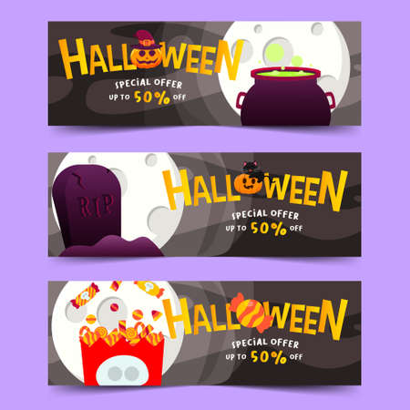 Set Of Halloween Special Offer with Big Tombstone, Halloween Paper Bag, Cauldron with Full Moon Night Backgroundのイラスト素材