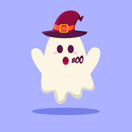 Cute Ghost Illustration with Halloween Ghost Boo and Witch Hatのイラスト素材
