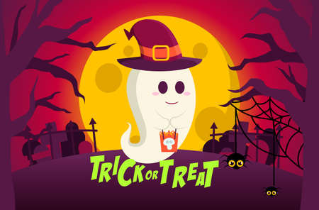 Happy Halloween Trick or Treat Background with Cute ghost carrying a bag full of candy, Cute Spider, Spooky Forest, Tombstone on a Full Moon Nightのイラスト素材