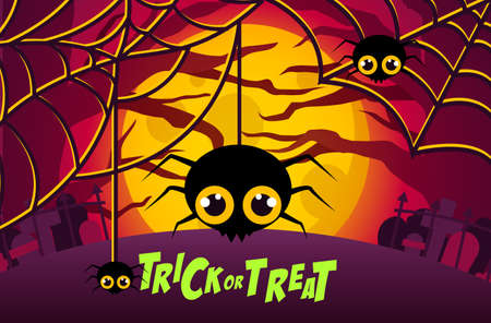 Happy Halloween Trick or Treat Background With Cute Spider, Spooky Forest, Tombstone on a Full Moon Nightのイラスト素材