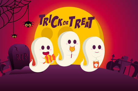 Happy Halloween Trick or Treat Background with Cute ghost carrying a bag full of candy, carrying Big Candy and eat candy, Cute Spider on a Full Moon Nightのイラスト素材