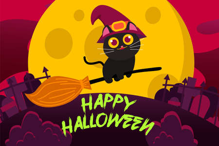Happy Halloween Background with Happy Cute Black Cat Riding broomstick Full Moon in the sky. vector Illustrationのイラスト素材