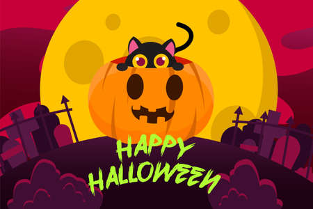 Happy Halloween Background With cute black cat hiding inside the pumpkin on a full moon night. vector Illustrationのイラスト素材