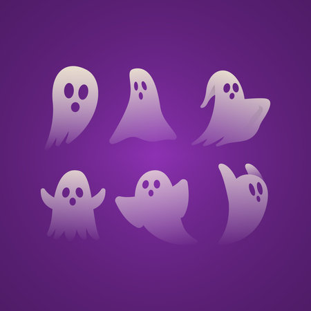 Set Of Halloween Transparent White Scary Ghost With Purple Background Illustration Mesh Vector...