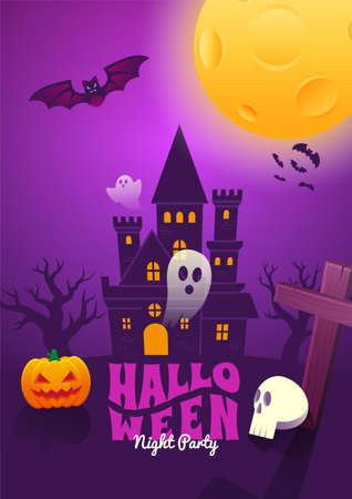 Halloween Event Poster Night Party Creepy Castle Ghost Headstone Skull Jack O Lantern Pumpkin and Full Moon Vector Background Wallpaper Design Illustrationのイラスト素材