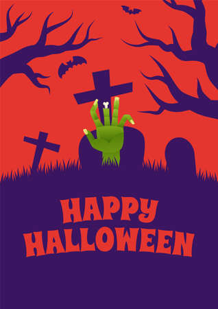 Halloween Event Poster Night Party Simple Creepy Cemetery Headstone Zombie Hand Bat Tree Vector Background Wallpaper Design Illustrationのイラスト素材