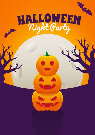 Halloween Event Poster Night Party Three Stack Of Jack O Lantern Pumpkin and Full Moon Vector Background Wallpaper Design Illustrationのイラスト素材