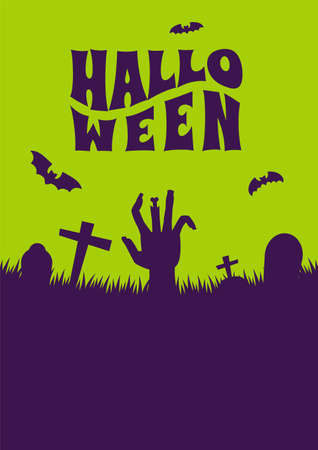 Halloween Event Poster Night Party Simple Creepy Cemetery Headstone Zombie Hand Bat Tree Silhouette Vector Background Wallpaper Design Illustrationのイラスト素材