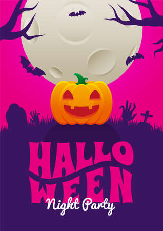 Halloween Event Poster Night Party Jack O Lantern Pumpkin Creepy Cemetery Headstone Grave Zombie Hand Headstone and Full Moon Background Wallpaper Vector Design Illustrationのイラスト素材