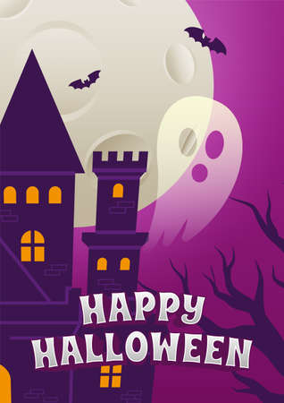 Halloween Event Poster Night Party Creepy Castle Ghost and Full Moon Background Wallpaper Vector Design Illustrationのイラスト素材