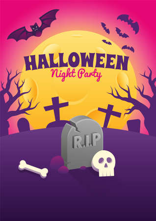 Halloween Event Poster Night Party Headstone Grave Skull Bone and Full Moon Vector Background Wallpaper Design Illustrationのイラスト素材