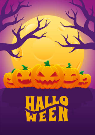 Halloween Event Poster Night Party Five Jack O Lantern Pumpkin Creepy Tree and Full Moon Vector Background Wallpaper Design Illustrationのイラスト素材