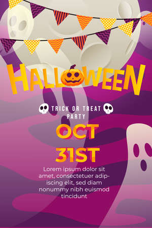 Halloween Trick or Treat Party Poster with flying ghost on the full moon at night. can use for poster, flyer, web design, invitation, greeting cardのイラスト素材