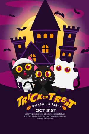 Trick Or Treat Halloween Party Poster with Cute Black Cat use Vampire, ghost and mummy Costume. castle and flying bat on a full moon at night.のイラスト素材