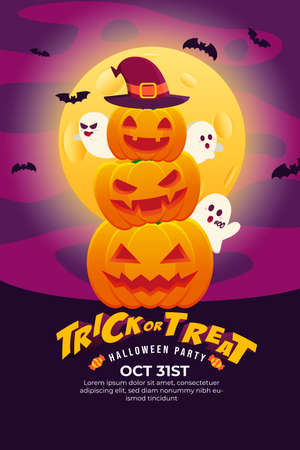 Trick or Treat Halloween Party Poster with jack O' lantern, flying bat, cute ghost on a full moon at night. can use for poster, flyer, web design, invitation, greeting cardのイラスト素材
