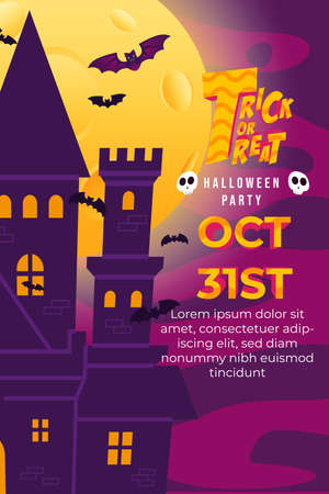 Trick Or Treat Halloween Party with Big Castle, flying bat and full moon at night. can use for poster, flyer, web design, invitation, greeting cardのイラスト素材