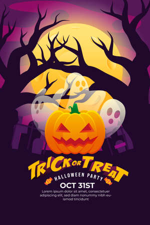 Trick Or Treat Halloween Party Poster with spooky forest, tombstone and full moon at night.can use for poster, flyer, web design, invitation, greeting cardのイラスト素材