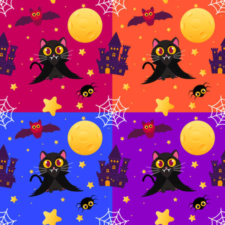 Seamless Pattern Happy Halloween with Cute Black cat use vampire costume, bat, cobweb, moon, castle and star on blue, orange and purple backgroundのイラスト素材