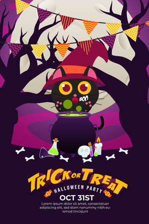 Trick Or Treat Halloween Party Poster with Cute Black Cat, Cauldron, Bone's, candle, spooky forest and full moon.can use for poster, flyer, web design, invitation, greeting cardのイラスト素材