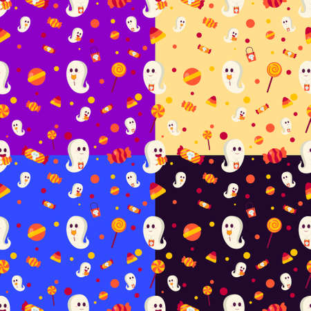 Seamless Pattern Happy Halloween with Cute Ghost's, Candy on a purple, blue backgroundのイラスト素材