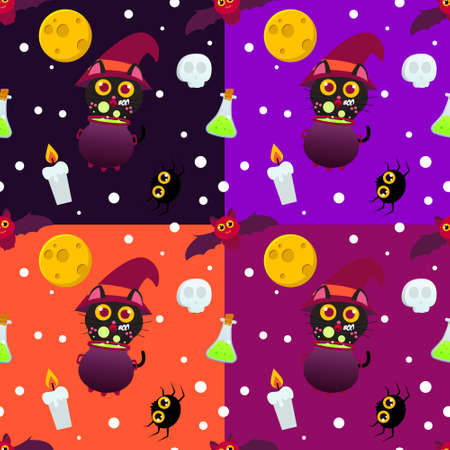 Seamless Pattern Cute Black Cat with Witch Hat, Cauldron, spider, Candle, skull, moon and bottle on purple and orange backgroundのイラスト素材