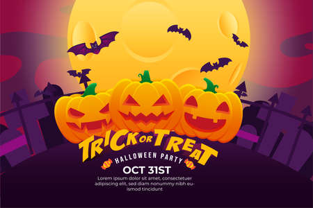 Trick Or Treat Halloween Party Poster with Jack o lantern, flying bat and full moon at night. can use for poster, flyer, web design, invitation, greeting cardのイラスト素材