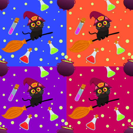 Seamless Pattern Happy Halloween with Cute Black cat ride broom stick, Poison Bottle, Cauldron on blue, orange, purple backgroundのイラスト素材