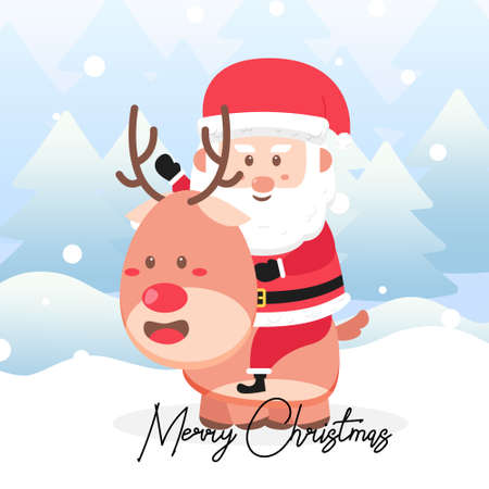 Santa claus riding a deer with scene winter landscape.Cute Christmas Character.のイラスト素材
