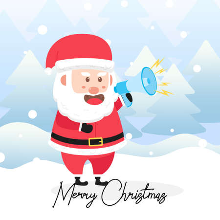 Santa Claus Hold blue Megaphone with scene winter landscape.Cute Christmas Characterのイラスト素材