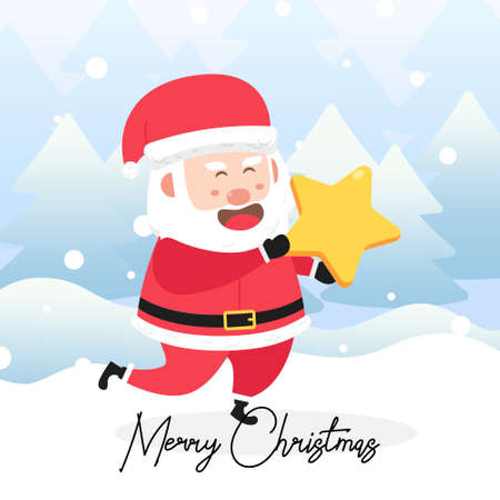 Santa Claus carrying a big star with scene winter landscape.Cute Christmas Characterのイラスト素材