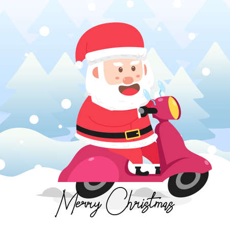 Santa Claus riding a motor scooter with scene winter landscape.Cute Christmas Characterのイラスト素材