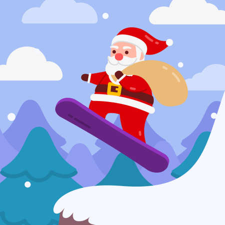 Christmas Santa Character deliver gift by riding a magic broom stick witch With Snow And Winter Forest Background Flat Design Illustrationのイラスト素材