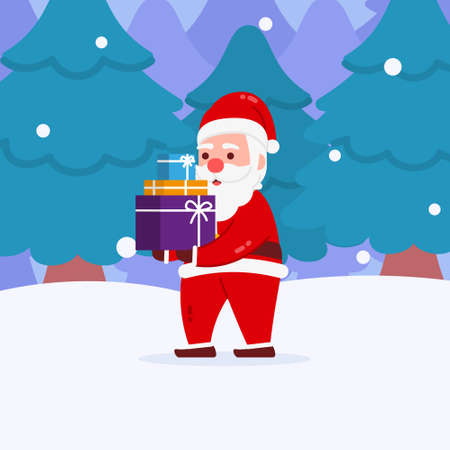 Christmas Santa Character deliver gift box by riding a motorcycle With Background Flat Design Illustrationのイラスト素材