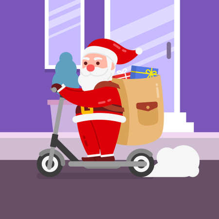Christmas Santa Character deliver gift box by riding a motorcycle With Background Flat Design Illustrationのイラスト素材