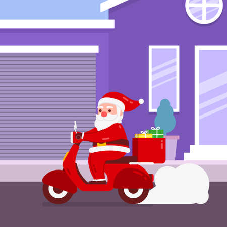 Christmas Santa Character deliver gift box by riding a motorcycle With Background Flat Design Illustrationのイラスト素材