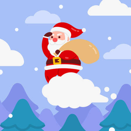 Christmas Santa Character deliver gift box by riding a motorcycle With Background Flat Design Illustrationのイラスト素材