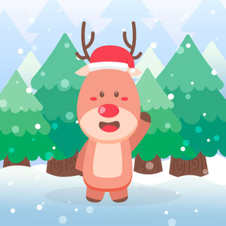 Cute Deer Christmas Character waving hand on scene winter landscapeのイラスト素材