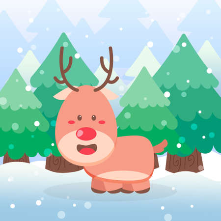 Cute Deer Christmas Character walk on scene winter landscapeのイラスト素材