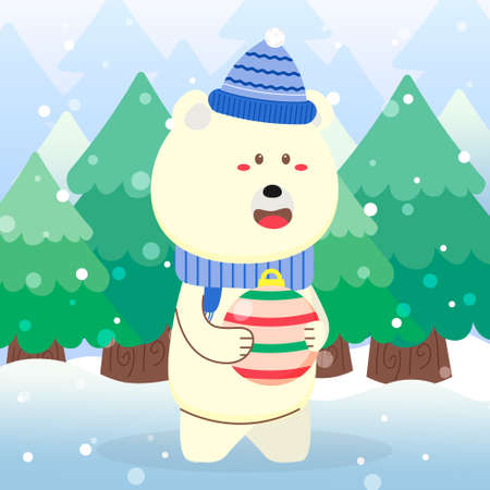 Cute Polar Bear Christmas Character hold christmas ball on scene winter landscapeのイラスト素材