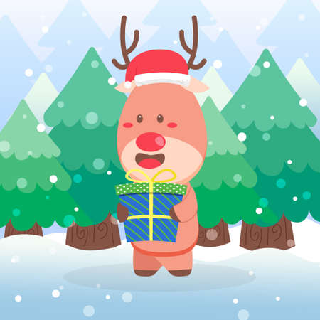 Cute Deer Christmas Character hold christmas gift on scene winter landscapeのイラスト素材