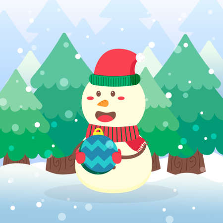 Cute Snowman Christmas Character hold christmas ball on scene winter landscapeのイラスト素材
