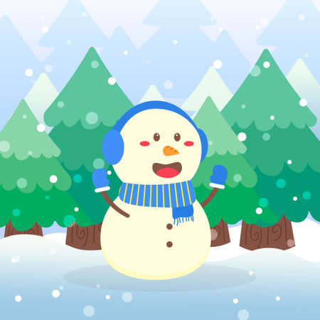 Cute Snowman Christmas Character waving hands on scene winter landscapeのイラスト素材