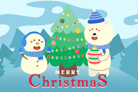 Merry Christmas Background with polar bear and snowman hold christmas ball. christmas tree. scene winter landscapeのイラスト素材