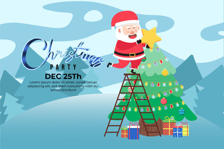 Christmas Party background with cute santa put a big star on Christmas tree.scene winter landscapeのイラスト素材