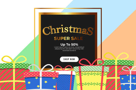 Christmas Banner Super Sale Up To 75% Template with Christmas Light Tree Ornament BackgroundChristmas Banner Super Sale Up To 50% Template with Christmas Gift Box Backgroundのイラスト素材