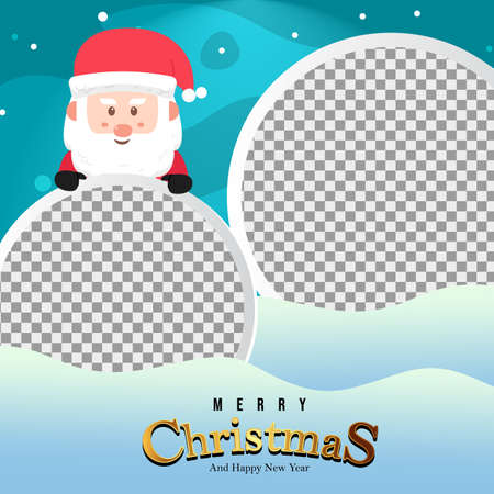 Merry Christmas Background with Cute Santa hiding behind the circle.blank photo.Holiday Social media post,Christmas sale, greeting card template vector.のイラスト素材