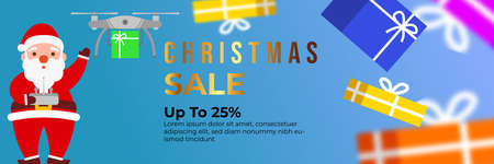 Christmas sale background with cute Santa Character Deliver gift box by using Drone. banner sale, discount, free delivery. Vector illustration for winter holiday discounts.のイラスト素材